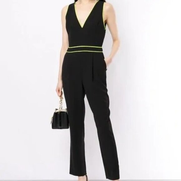 Alice + Olivia Jeri Piped Jumpsuit in Black/Neon Yellow Size 6 NWT - Picture 1 of 6